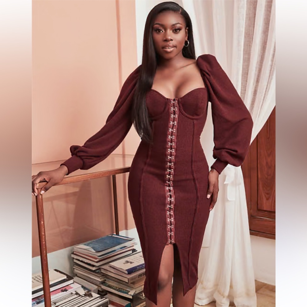 ASOS Lavish Alice Hook & Eye Corset Ribbed Puff Sleeve Midi Pencil Dress